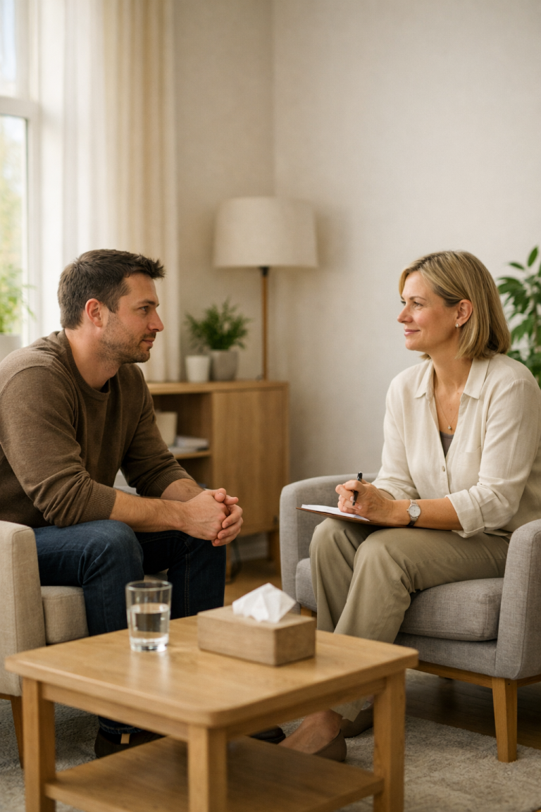 Psychotherapeutin mit Klient im therapeutischen Gespräch